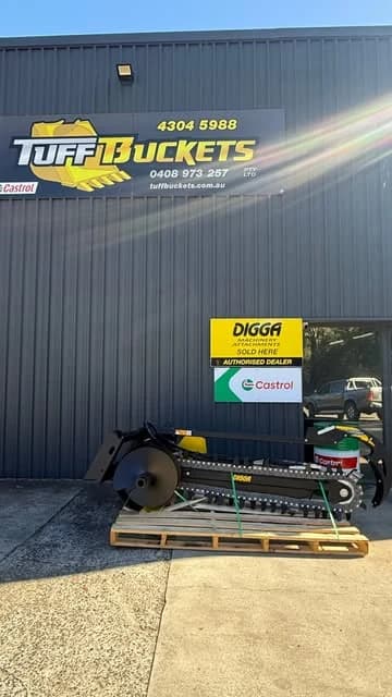 Trencher on a pallet outside the Tuff Buckets workshop
