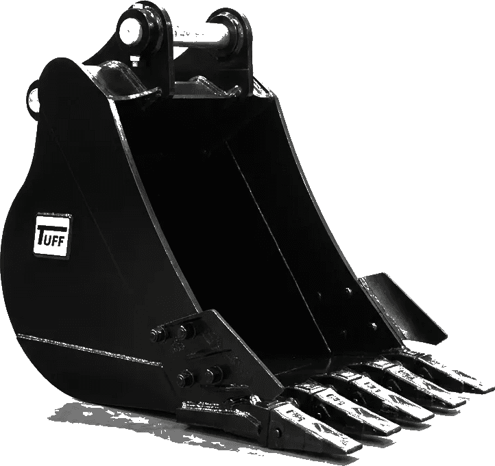 Tuff excavator bucket showing the pickup ears and pins that must be measured for fitment